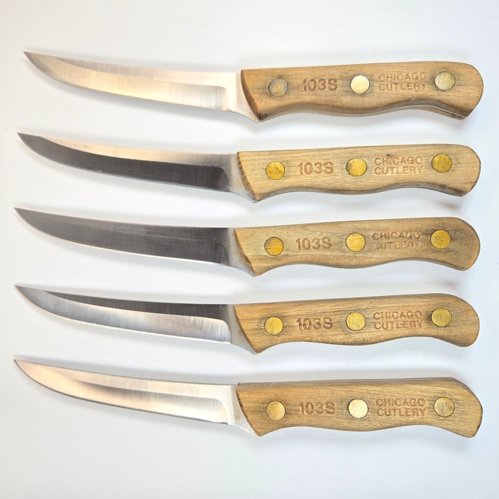 Chicago Cutlery 103S Steak Knife Set 5 Piece Walnut Wood Handle Brass Rivets USA